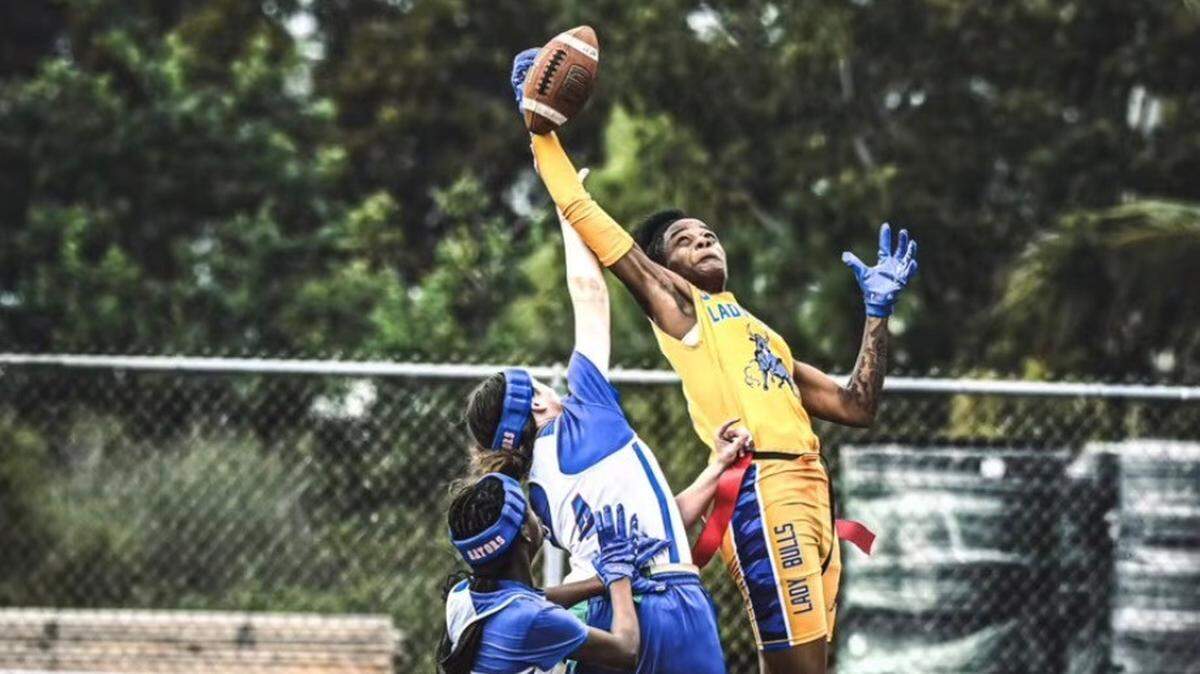 Northwestern wide receiver Dezaria Hampton leaps to make a one-handed catch. Hampton led the Bulls to the Class 2A state flag football final this season. Northwestern wide receiver Dezaria Hampton leaps to make a one-handed catch. Hampton led the Bulls to the Class 2A state flag football final this season.